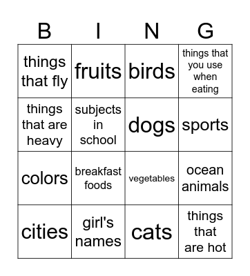 Categories Bingo Card