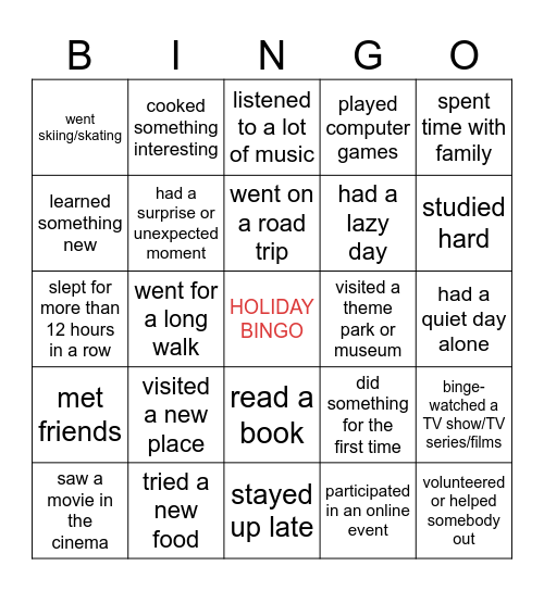 School holiday bingo Card