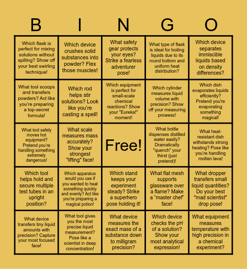 Chemistry Lab Apparatus Bingo Card