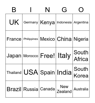 COUNTRY (easy) Bingo Card