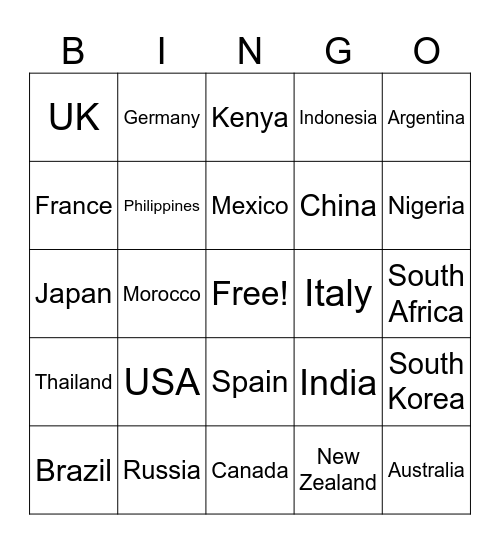 COUNTRY (easy) Bingo Card