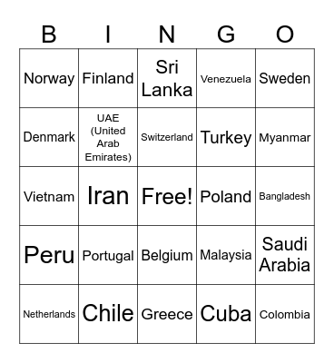 COUNTRY (difficult) Bingo Card