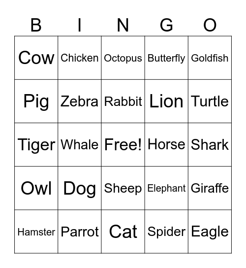 ANIMALS (EASY) Bingo Card