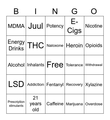National Drug & Alcohol Facts Week Bingo Card