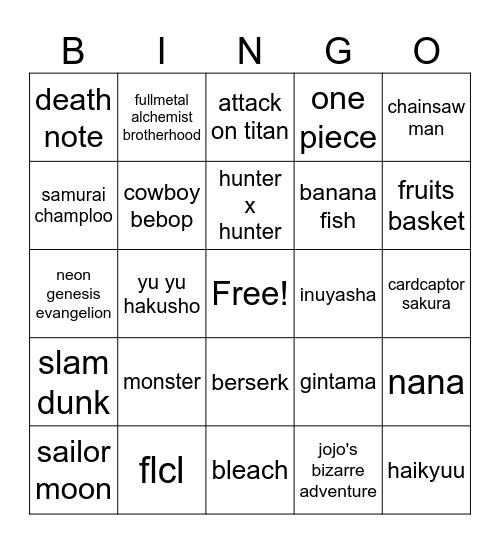 my fav animes!! Bingo Card