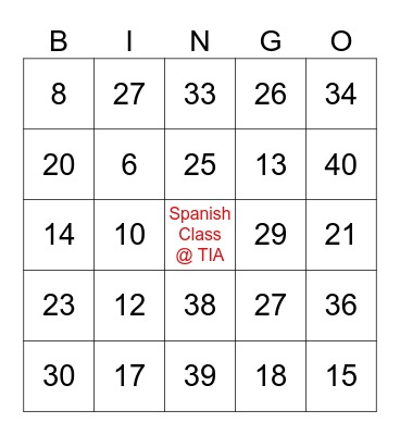 Numeros 0-40 Bingo Card