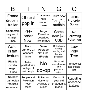 Legends ZA Disappointment Bingo Card