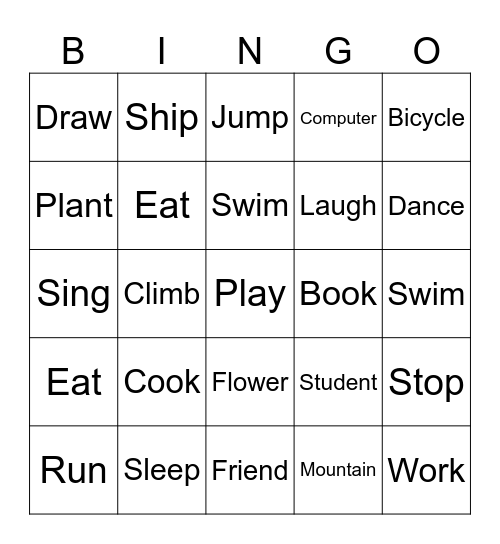 Nouns & Verbs Bingo Card