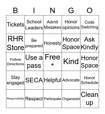 RHR Bingo Card
