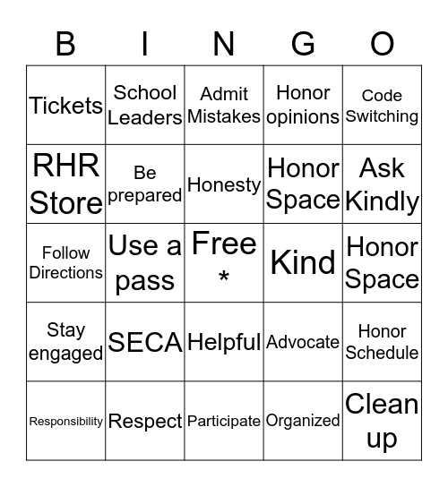 RHR Bingo Card