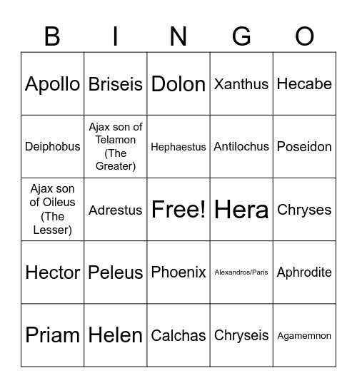 Iliad Characters Bingo Card
