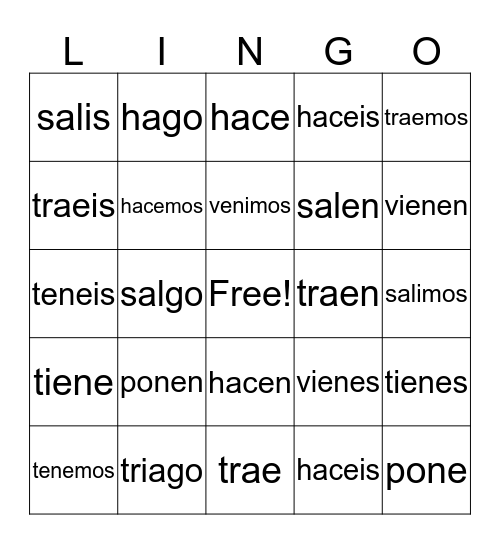 Yo-Go verb Lingo- Sameaya Anderson Bingo Card