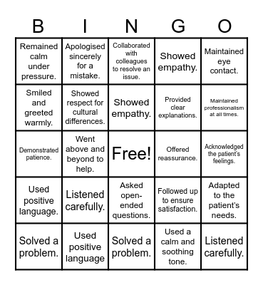 Customer Service Bingo Card
