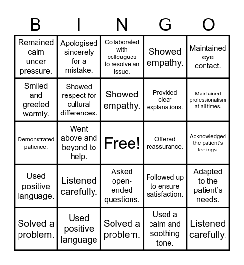 Customer Service Bingo Card