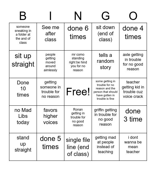 chorus Bingo Card