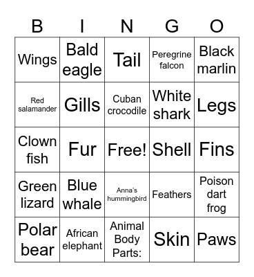 AMAZING ANIMALS Bingo Card