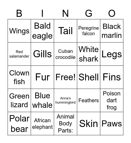 AMAZING ANIMALS Bingo Card