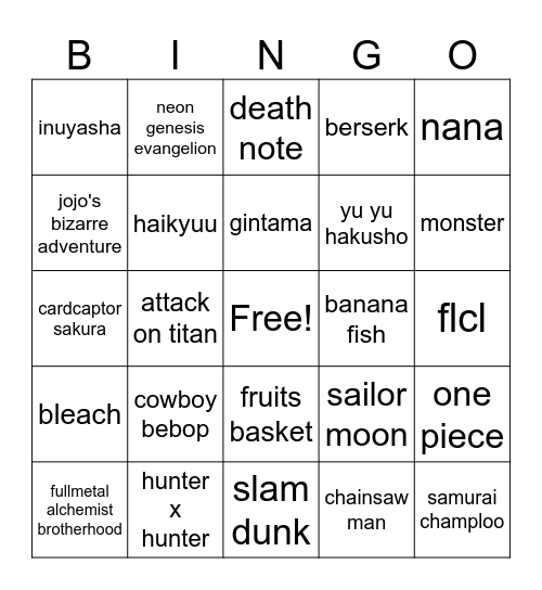 my fav animes!! 🌸 Bingo Card
