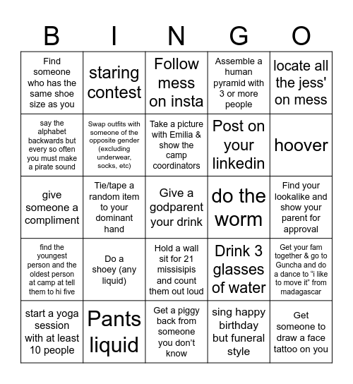 MESS CAMP Bingo Card