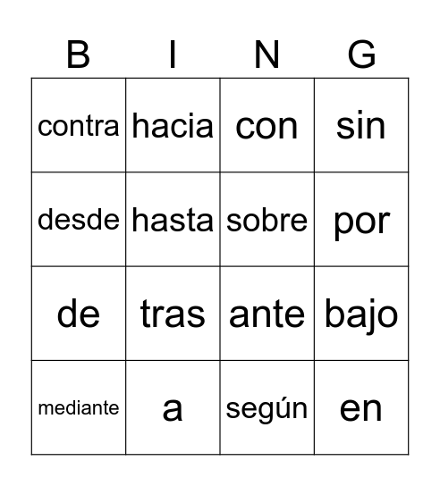 Preposiociones Bingo Card