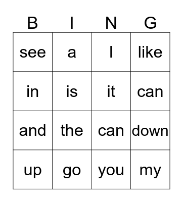 Sight Words Bingo Card