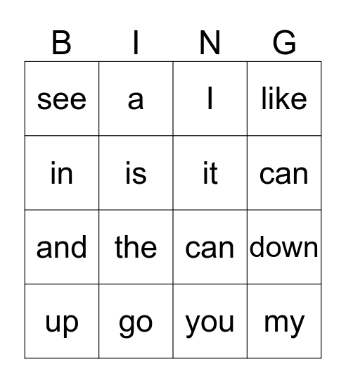 Sight Words Bingo Card