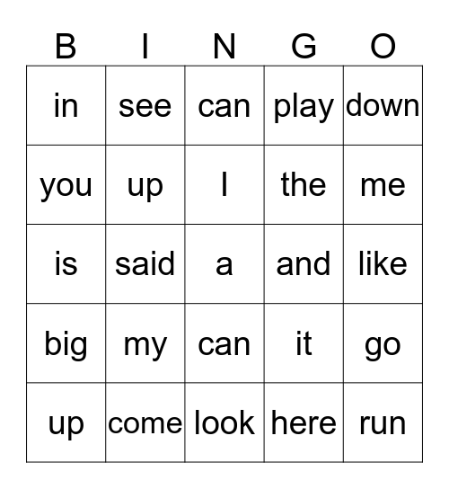 Sight Words Bingo Card
