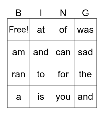 Sight Words Bingo Card