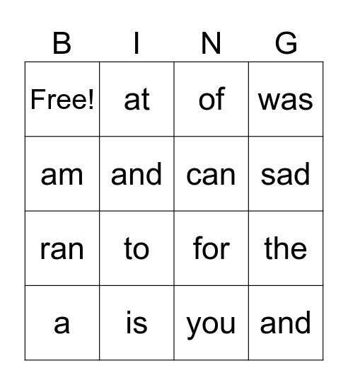 Sight Words Bingo Card