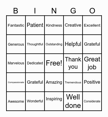 Words of Appreciation Bingo Card