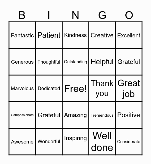 Words of Appreciation Bingo Card