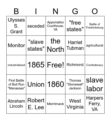VS7 Civil War Bingo Card