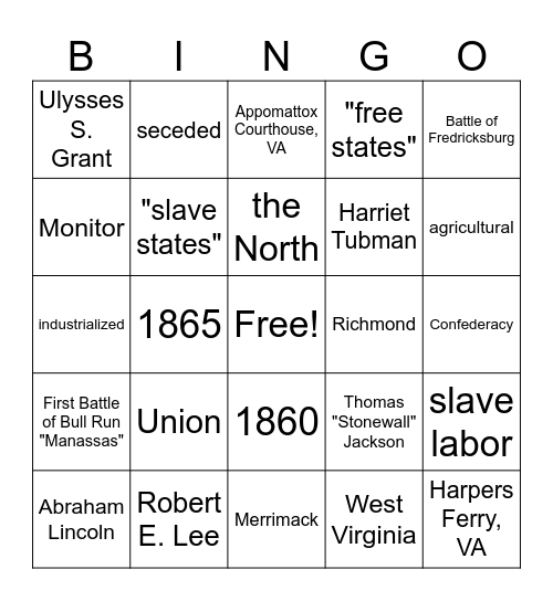 VS7 Civil War Bingo Card
