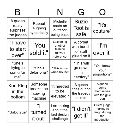 Drag Race Bingo Card