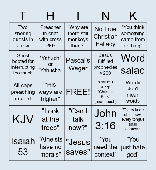 Thinker YT Chat Bingo Card