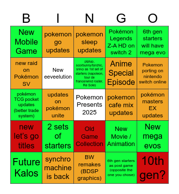 Pokemon Presents Bingo Card