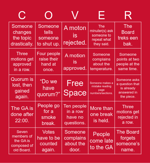 General Assembly Bingo Card