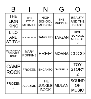 DISNEY MUSICALS Bingo Card