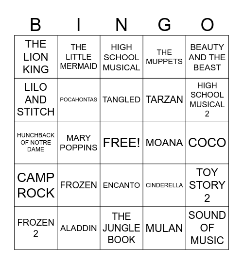 DISNEY MUSICALS Bingo Card
