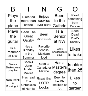 Literary Bingo Card