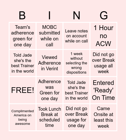 Adherence BINGO Card