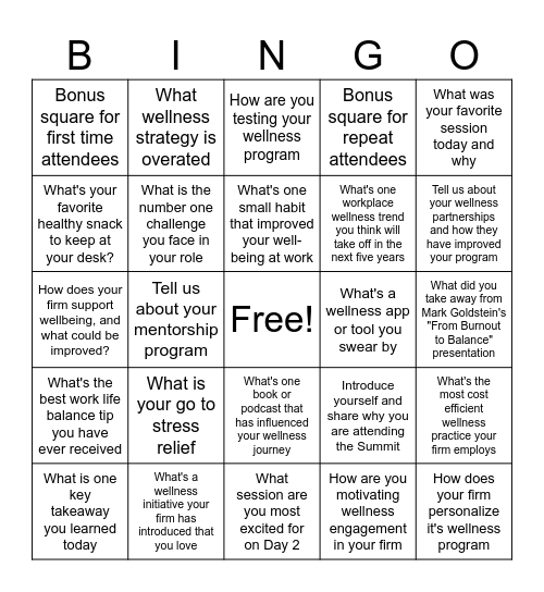 The 6th Employee Wellness Summit for Legal Bingo Card