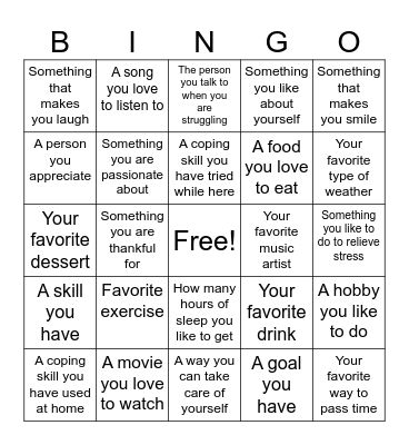 Self Care Bingo Card