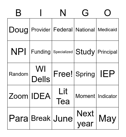 Staff Meeting Bingo Card
