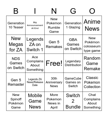 Ace's Pokemon Day Bingo Card