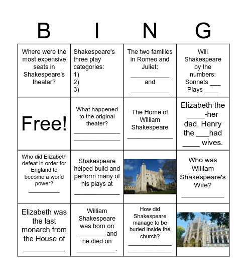 Shakespeare and the Queen Bingo Card