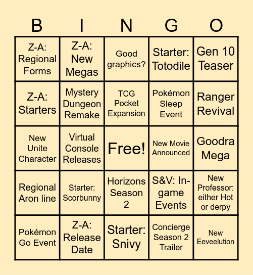 Pokémon Direct 2025 Bingo Card