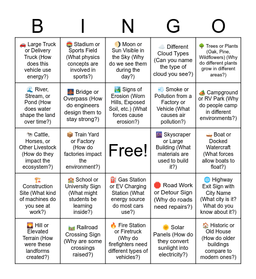 Texas Road Trip Science Bingo Card