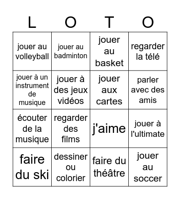 Des activités et des sports Bingo Card