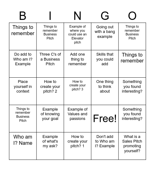 Elevator Pitch Bigo Bingo Card